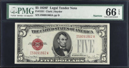 Fr. 1531. 1928F $5 Legal Tender Note. Narrow. PMG Gem Uncirculated 66 EPQ.
Narrow. Seldom offered this appealing. PMG comments "Great Embossing".
 E...