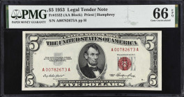 Fr. 1532. 1953 $5 Legal Tender Note. PMG Gem Uncirculated 66 EPQ.
Exceptional appeal for the assigned Gem grade.
 Estimate: $100.00- $150.00