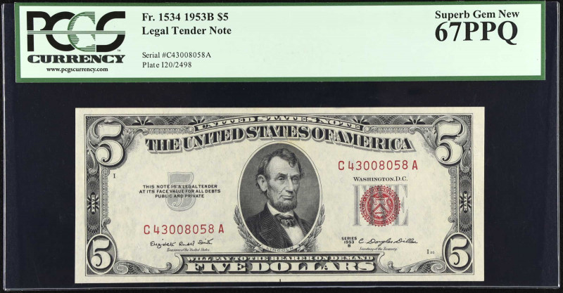 Fr. 1534. 1953B $5 Legal Tender Note. PCGS Currency Superb Gem New 67 PPQ.
A hi...