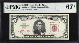 Fr. 1536. 1963 $5 Legal Tender Note. PMG Superb Gem Uncirculated 67 EPQ.
A high end example of this 1863 $5.
 Estimate: $100.00- $150.00