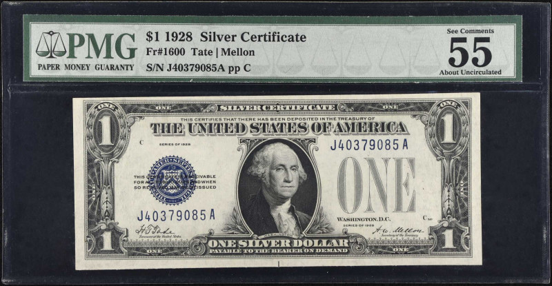 Fr. 1600. 1928 $1 Silver Certificate. PMG About Uncirculated 55 EPQ.
Scarce J-A...