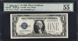 Fr. 1600. 1928 $1 Silver Certificate. PMG About Uncirculated 55 EPQ.
Scarce J-A block 1928 $1, with just 21 graded by PMG at the time of cataloging....