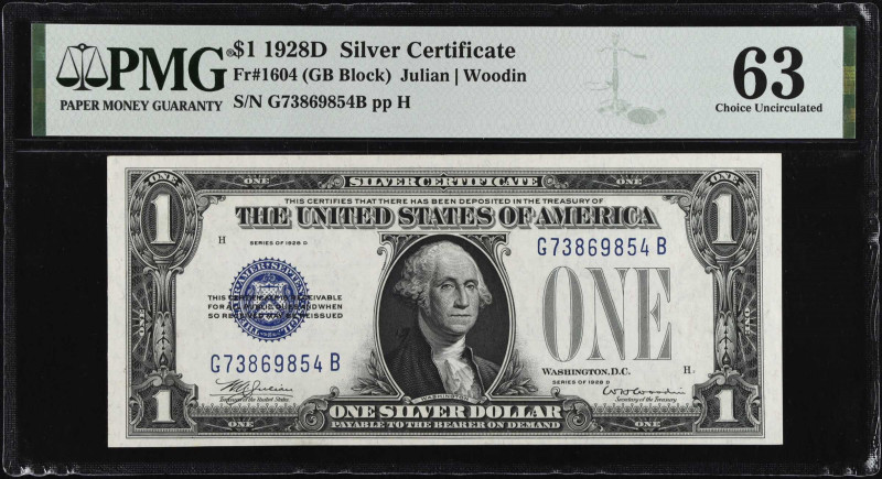 Fr. 1604. 1928D $1 Silver Certificate. PMG Choice Uncirculated 63.
Scarcer G-B ...