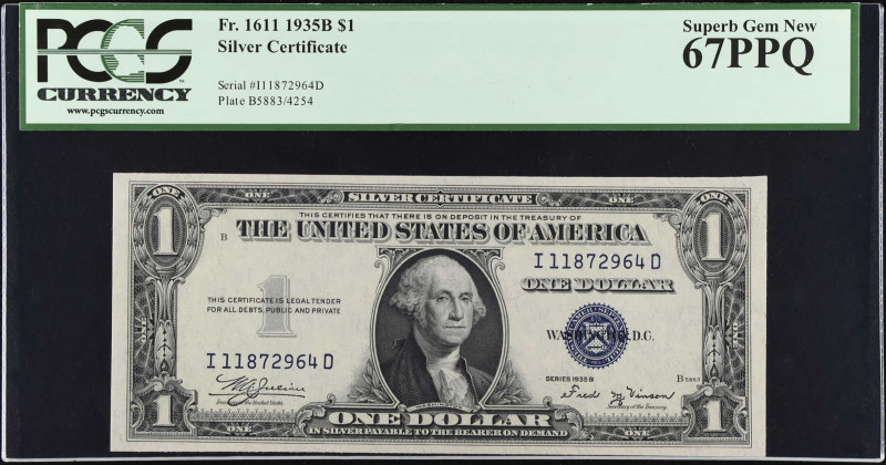 Fr. 1611. 1935B $1 Silver Certificate. PCGS Currency Superb Gem New 67 PPQ.
 Es...