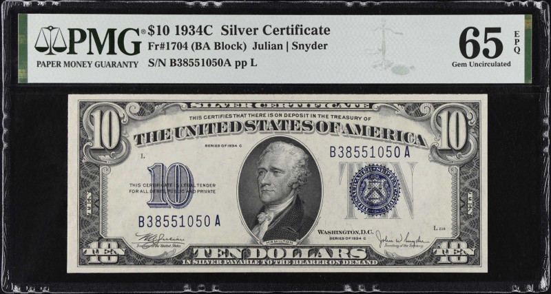 Fr. 1704. 1934C $10 Silver Certificate. PMG Gem Uncirculated 65 EPQ.
B-A block....