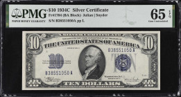 Fr. 1704. 1934C $10 Silver Certificate. PMG Gem Uncirculated 65 EPQ.
B-A block.
 Estimate: $125.00- $175.00