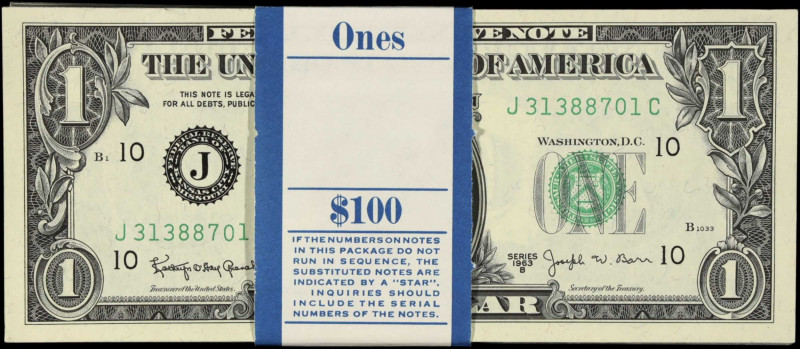 Pack of (100). Fr. 1902-J. 1963B $1 Federal Reserve Note. Kansas City. Choice Un...