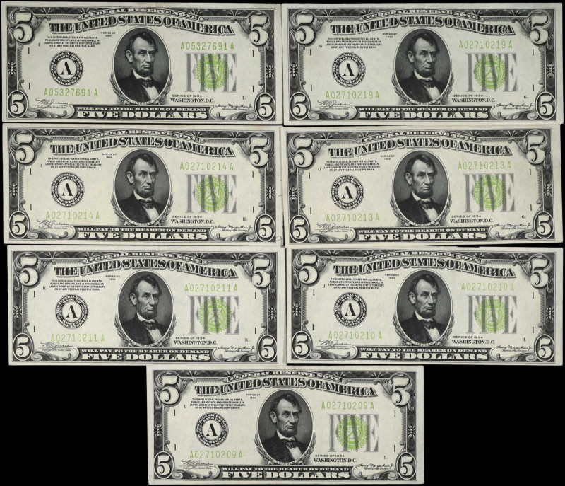 Lot of (7). Fr. 1955-A. 1934 $5 Federal Reserve Notes. Boston. Choice About Unci...