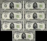Lot of (7). Fr. 1955-A. 1934 $5 Federal Reserve Notes. Boston. Choice About Uncirculated to Choice Uncirculated.
One note is in ChAU, while the other...