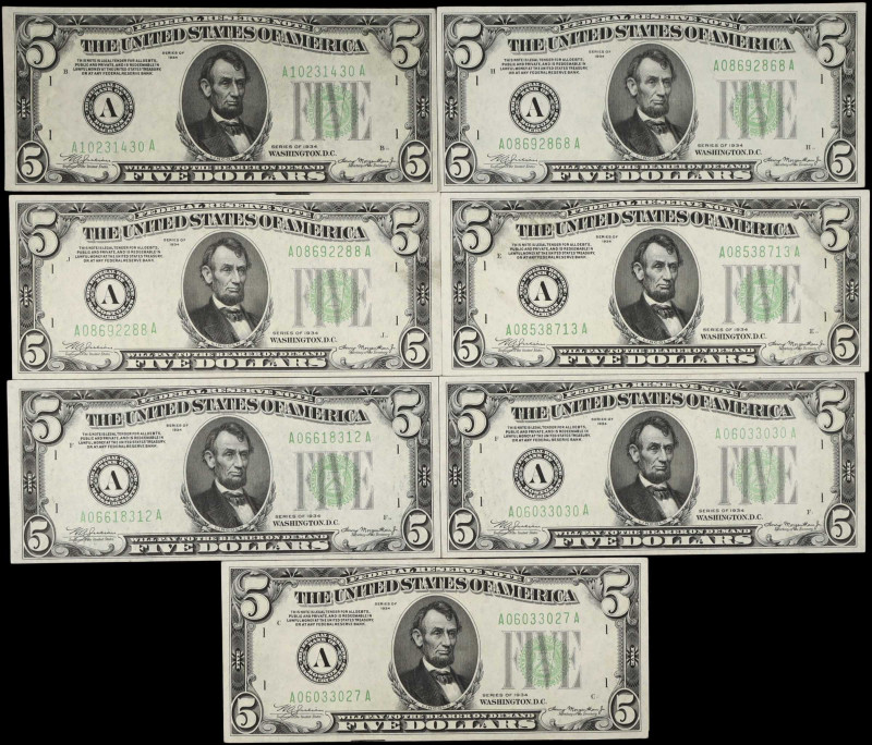 Lot of (7). Fr. 1956-Am. 1934 $5 Federal Reserve Notes. Boston. Choice Uncircula...