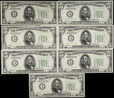 Lot of (7). Fr. 1956-Am. 1934 $5 Federal Reserve Notes. Boston. Choice Uncirculated to Gem Uncirculated.
This lot contains seven dark green seal $5's...