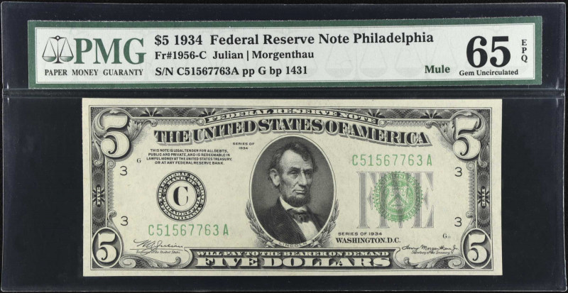 Fr. 1956-Cm. 1934 $5 Federal Reserve Mule Note. Philadelphia. PMG Gem Uncirculat...
