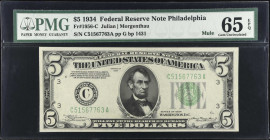 Fr. 1956-Cm. 1934 $5 Federal Reserve Mule Note. Philadelphia. PMG Gem Uncirculated 65 EPQ.
 Estimate: $75.00- $125.00