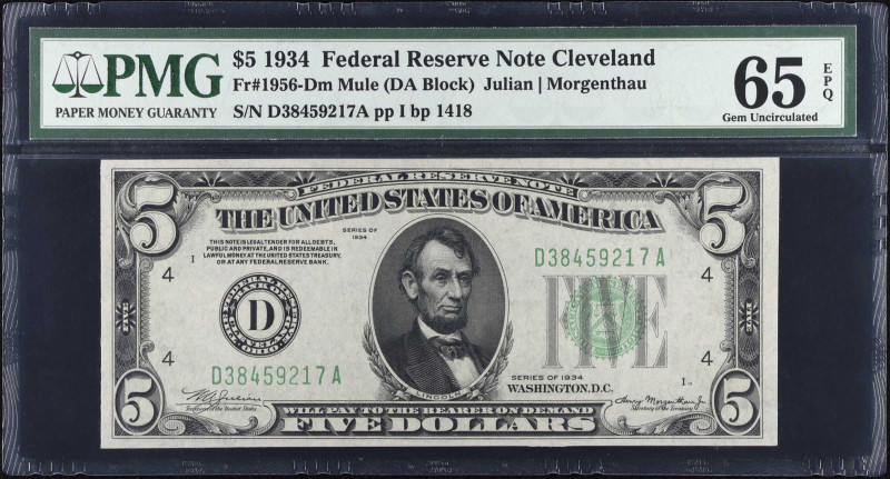 Fr. 1956-Dm. 1934 $5 Federal Reserve Mule Note. Cleveland. PMG Gem Uncirculated ...