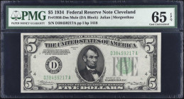 Fr. 1956-Dm. 1934 $5 Federal Reserve Mule Note. Cleveland. PMG Gem Uncirculated 65 EPQ.
 Estimate: $50.00- $100.00