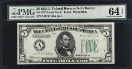 Fr. 1957-A. 1934A $5 Federal Reserve Note. Boston. PMG Choice Uncirculated 64 EPQ.
A tougher Boston district note to locate for the series, more so t...