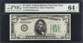 Fr. 1957-B. 1934A $5 Federal Reserve Note. New York. PMG Choice Uncirculated 64 EPQ.
 Estimate: $50.00- $100.00