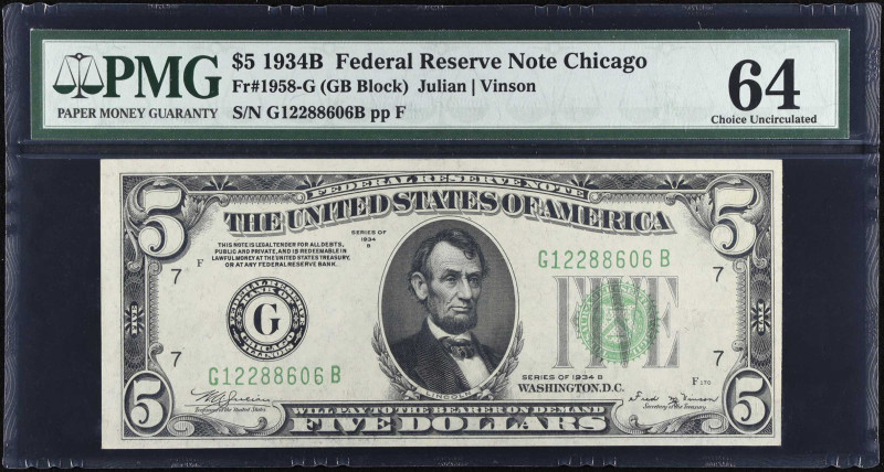 Fr. 1958-G. 1934B $5 Federal Reserve Note. Chicago. PMG Choice Uncirculated 64....