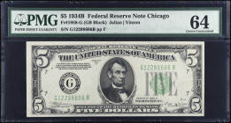Fr. 1958-G. 1934B $5 Federal Reserve Note. Chicago. PMG Choice Uncirculated 64.
 Estimate: $50.00- $100.00