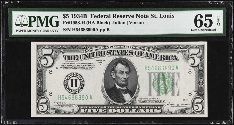 Fr. 1958-H. 1934B $5 Federal Reserve Note. St. Louis. PMG Gem Uncirculated 65 EP...