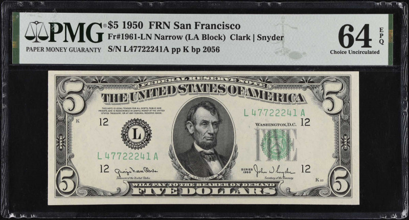 Fr. 1961-LN. 1950 $5 Federal Reserve Note. Narrow. San Francisco. PMG Choice Unc...