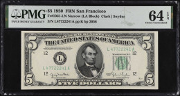 Fr. 1961-LN. 1950 $5 Federal Reserve Note. Narrow. San Francisco. PMG Choice Uncirculated 64 EPQ.
Narrow.
 Estimate: $100.00- $150.00