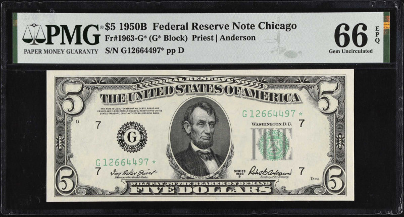 Fr. 1963-G*. 1950B $5 Federal Reserve Star Note. Chicago. PMG Gem Uncirculated 6...