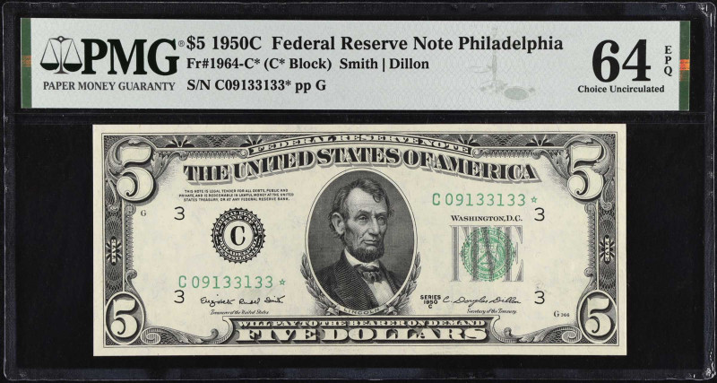 Fr. 1964-C*. 1950C $5 Federal Reserve Star Note. Philadelphia. PMG Choice Uncirc...