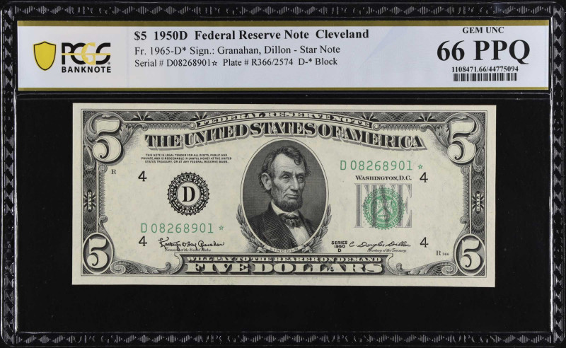 Fr. 1965-D*. 1950D $5 Federal Reserve Star Note. Cleveland. PCGS Banknote Gem Un...