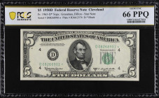 Fr. 1965-D*. 1950D $5 Federal Reserve Star Note. Cleveland. PCGS Banknote Gem Uncirculated 66 PPQ.
Broad margins, creamy white and dark design detail...