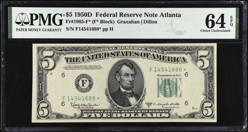 Fr. 1965-F*. 1950D $5 Federal Reserve Star Note. Atlanta. PMG Choice Uncirculate...