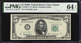 Fr. 1965-F*. 1950D $5 Federal Reserve Star Note. Atlanta. PMG Choice Uncirculated 64 EPQ.
 Estimate: $75.00- $125.00