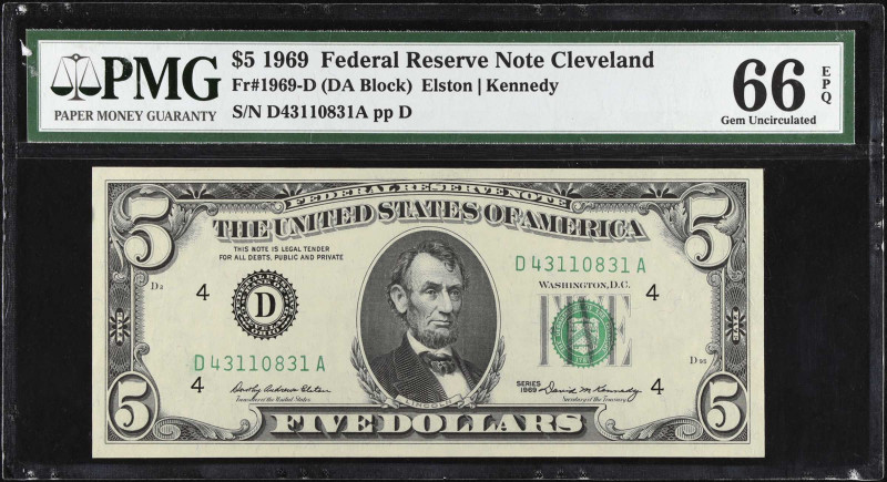 Fr. 1969-D. 1969 $5 Federal Reserve Note. Cleveland. PMG Gem Uncirculated 66 EPQ...