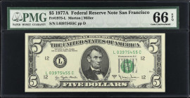 Fr. 1975-L. 1977A $5 Federal Reserve Note. San Francisco. PMG Gem Uncirculated 66 EPQ.
Much scarcer L-C block. PMG pop 7/2 finer for the block.
 Est...