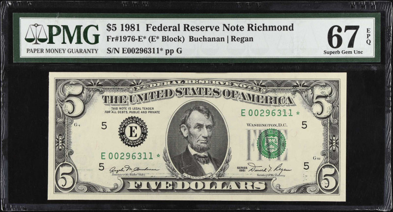 Fr. 1976-E*. 1981 $5 Federal Reserve Star Note. Richmond. PMG Superb Gem Uncircu...