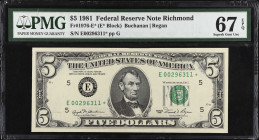Fr. 1976-E*. 1981 $5 Federal Reserve Star Note. Richmond. PMG Superb Gem Uncirculated 67 EPQ.
PMG Pop 10/1 Finer.
 Estimate: $75.00- $125.00