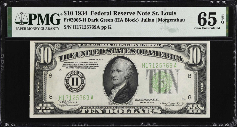 Fr. 2005-H. 1934 $10 Federal Reserve Note. St. Louis. PMG Gem Uncirculated 65 EP...