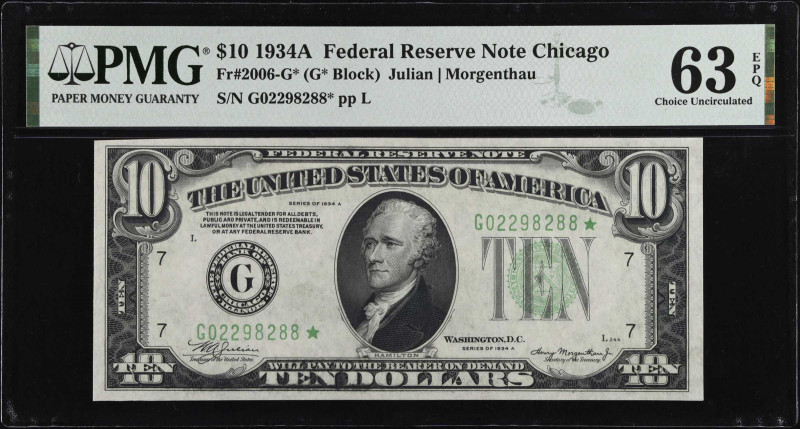 Fr. 2006-G*. 1934A $10 Federal Reserve Star Note. Chicago. PMG Choice Uncirculat...