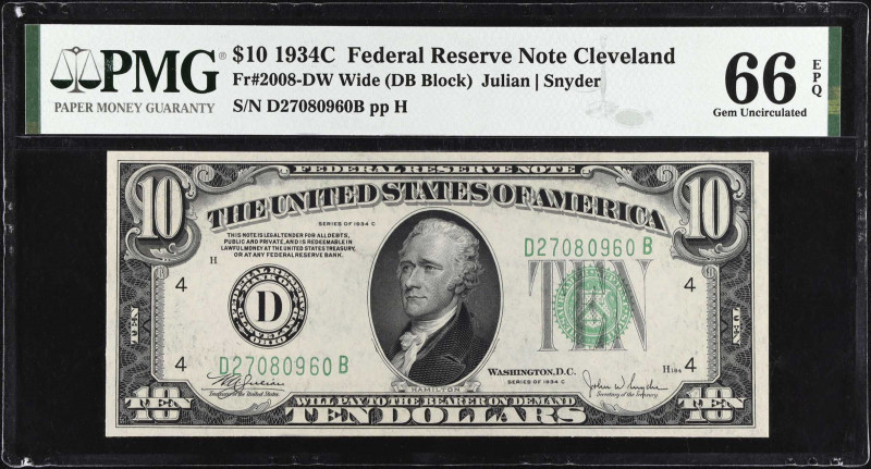 Fr. 2008-DW. 1934C $10 Federal Reserve Note. Wide. Cleveland. PMG Gem Uncirculat...