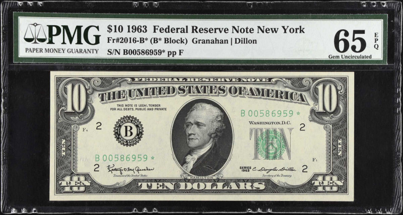 Fr. 2016-B*. 1963 $10 Federal Reserve Star Note. New York. PMG Gem Uncirculated ...