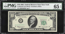 Fr. 2016-B*. 1963 $10 Federal Reserve Star Note. New York. PMG Gem Uncirculated 65 EPQ.
PMG Pop 2/3 Finer.
 Estimate: $150.00- $200.00