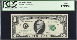 Fr. 2020-L. 1969B $10 Federal Reserve Note. San Francisco. PCGS Currency Gem New 65 PPQ.
Blast white paper and green overprints pop on this 1969B $10...