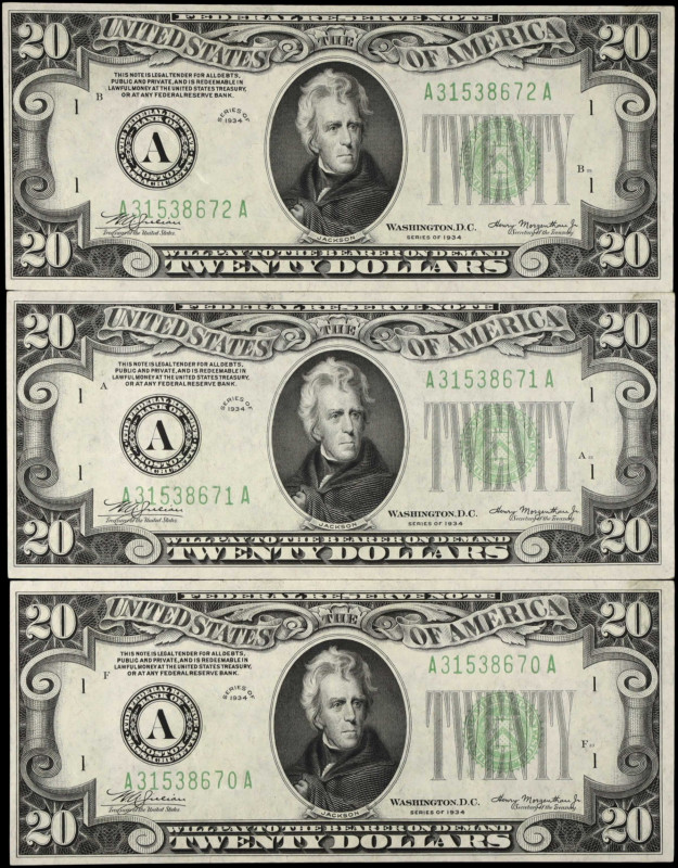 Lot of (3). Fr. 2054a-Am. 1934 $20 Federal Reserve Notes. Boston. Choice About U...