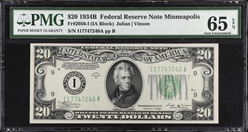 Fr. 2056-I. 1934B $20 Federal Reserve Note. Minneapolis. PMG Gem Uncirculated 65...