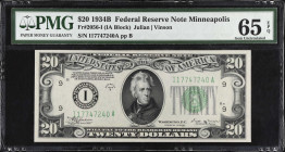 Fr. 2056-I. 1934B $20 Federal Reserve Note. Minneapolis. PMG Gem Uncirculated 65 EPQ.
Creamy white paper, jet black design details and dark green ove...