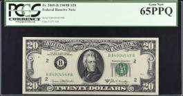 Fr. 2069-B. 1969B $20 Federal Reserve Note. New York. PCGS Currency Gem New 65 PPQ.
Broad margins and milky white paper are found on this $20.
 Esti...