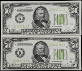 Lot of (2). Fr. 2102-K. 1934 $50 Federal Reserve Notes. Dallas. Choice Very Fine & About Uncirculated.
A pairing of nice original light green seal $5...