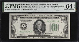 Fr. 2152-Adgs. 1934 $100 Federal Reserve Note. Boston. PMG Choice Uncirculated 64 EPQ.
A nearly Gem offering of this dark green seal 1934 $100.
 Est...