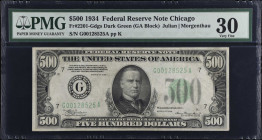 Fr. 2201-Gdgs. 1934 $500 Federal Reserve Note. Chicago. PMG Very Fine 30.
A bright dark green seal offering of this VF Chicago $500. PMG comments "Mi...