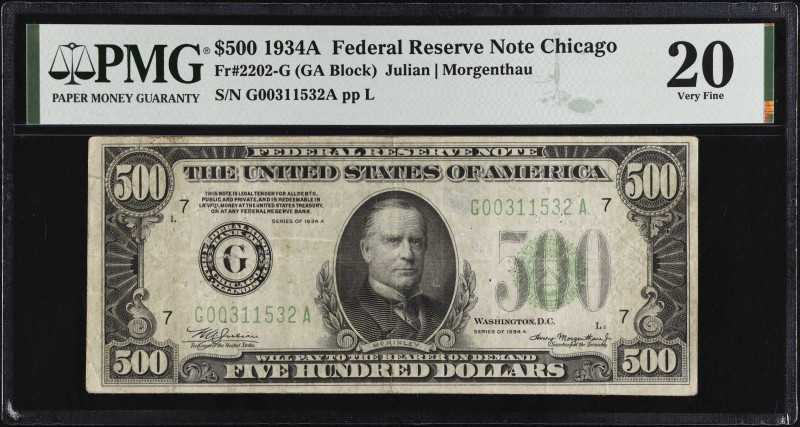 Fr. 2202-G. 1934A $500 Federal Reserve Note. Chicago. PMG Very Fine 20.
PMG com...